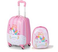 HOMFME 2 PCS Kids Luggage Set, Children Suitcase and Backpack Set with Adjustable Handle and Universal Wheels, Hard Shell Toddler Trolley Case for Travel School (12 + 16 Inch, Pink Unicorn)