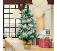 HOMFME 2FT Mini Artificial Christmas Tree, 60CM Tabletop Green Christmas Tree with Pine Cones, Red Berries and Burlap Base, Festive Decoration Tree for Home Party (Green+White)