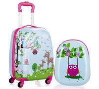 HOMFME 2PCS Kids Luggage Set, 16 Inch Kids Suitcase with 12 Inch Backpack, Adjustable Hand, 4 Universal Wheels, Hard Shell Children Trolley Case for School Travel Trip (Forest)