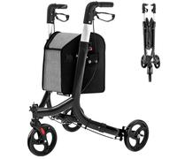 HOMFME 3 Wheel Folding Rollator, Lightweight Wheeled Walking Frame with Brakes, Storage Bag, Adjustable Handle, Aluminium Mobility Walker Walking Aid for Elderly Disabled Handicapped (Black)
