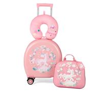 HOMFME 4 PCS Kids Luggage Set, Children 14 Inch Suitcase and 10 Inch Backpack with Neck Pillow, Name Tag, Telescoping Handle, Toddler Trolley Case Carry on Bag for School Travel (Pink)