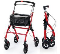 HOMFME 4 Wheel Folding Rollator Walker, Lightweight Wheeled Walking Aid with Removable Tray, 4 Wheels, Brakes, Height Adjustable Mobility Walker for Elderly Disabled (Red)