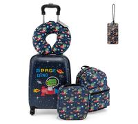 HOMFME 5PCS Kids Luggage Set, 16 Inch Children Suitcase and 13 Inch Backpack Set with Neck Pillow, Lunch Bag, Name Tag, Hard Shell Toddler Trolley Suitcase for Boys Girls (Astronaut, Navy)