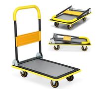 HOMFME Folding Platform Trolley, Heavy Duty Flatbed Platform Truck Dolly with Handle, Moving Push Hand Sack Truck Luggage Cart for Loading and Storage(Yellow,73x49x83cm,150kg Capacity)
