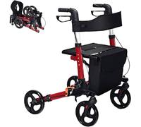 HOMFME Folding Rollator Walker, 4 Wheeled Rolling Walker with Dual Brakes, Seat, Detachable Storage Bag and Cane Holder, Lightweight Walking Mobility Aid for Seniors (Red)