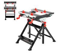 HOMFME Folding Workbench, 7 Level Height Adjustable Workstation Tool Stand with 4 Position Tiltable Platform, 8 Sliding Clamps, Protractor and Ruler, Heavy Duty Metal Work Bench Table Sawhorse (Red)