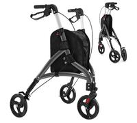 HOMFME Lightweight Folding Rollator Walkers, Aluminium Tri Walking Frame with Adjustable Handle, Storage Bag, Braking System, Foot Lift, 3 Wheel Medical Walking Aid for Elderly Disabled (Gray)