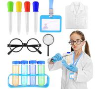 Homgaty 13 Pcs Scientist Costume Set, Doctor Costume Mad Scientist Lab Coat with Liquid Dropper Glasses Work Card, Role Play Halloween Costumes for Cosplayer Small Size