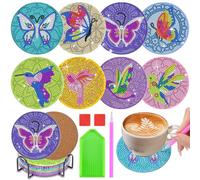 Homgaty 8 PCS Diamond Painting Coasters Kit with Holder, DIY Crystal Art Coasters for Beginners and Adults, Butterfly Bird Patterns