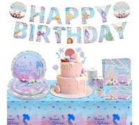 Homgaty Mermaid Party Tableware Set, 76 Pieces Mermaid Birthday Decorations for 16 Guests, Paper Plates Tableware with Paper Plates Cups Napkins Banners Cake Toppers