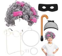 Homgaty14Pcs Old Lady Fancy Dress Set, Granny Wig Grandma Wig Kit, Gangster Gangsta Granny Costume for Adult, Grandmother Cosplay Accessories with Glasses Pearl Bracelet Necklace for Halloween M