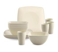 HOMGEN 12-Piece Camping Plastic Plates and Bowls Set Square Unbreakable Beige Dinnerware Set for 4 BPA-Free Microwave & Dishwasher Safe Reusable Plates Bowls Cups for Dinner Picnic Camping Caravan