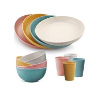 HOMGEN 12Pcs Plastic Plates and Bowls Set - Unbreakable Party Dinner Set for 4 - Reusable Plates and Bowls Set - Colourful Camping Crockery Set Lightweight Plate and Cutlery Set for Christmas Birthday