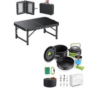 HOMGEN Aluminium Camping Cookware Kit for 2-3 People & 2ft Small Folding Table Camping with 3 Adjustable Heights