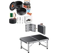 HOMGEN Aluminium Camping Cookware Kit for 2-3 People & 2ft Small Folding Table Camping with 3 Adjustable Heights