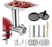 HOMGEN Meat Grinder Attachment for All Kitchenaid Stand Mixer - Stainless Steel Food Meat Grinder Attachment Included 3 Sausage Stuffer Tubes,5 Grinding Plates,2 Grinding Blades,1 Burger Press,1 Brush