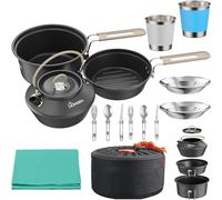 HOMGEN Non-Stick Anodized Aluminum Camping Cooking Set for 2-3 People | With 304 Stainless Steel Cutlery/Plate/Cup, Lightweight Camping Pots and Pans Set for Hiking, Fishing, Picnic, RV Travel