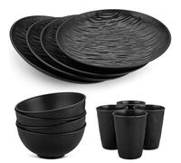 HOMGEN Plastic Plates and Bowls Set 12 PCS Unbreakable Dinner Set for 4 Reusable Plates Bowls 11 oz Cups Microwave & Dishwasher Safe Dinner Plates Lightweight Party Dinnerware Service - Black