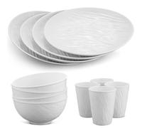 HOMGEN Plastic Plates and Bowls Set - 12 PCS Unbreakable Tableware Set - Reusable Plates Bowls 11 oz Cups - Microwave & Dishwasher Safe Dinner Plates - Lightweight Party Dinnerware Service for 4