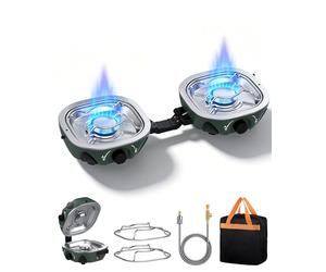 HOMGEN Portable 2 Burner Camping Stove Gas - Foldable Camping Gas Stove with 20000 BTU Adjustable Burners & Piezo Ignition - Lightweight Gas Stove for Camping BBQ Emergency Cooking