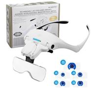 HOMGEN Rechargeable Headband Magnifier Glass with 4 LED Lights & 5 Lenses | Eyeglass or Headband Wearing, 1X/1.5X/2X/2.5X/3.5X Lens, 3 Brightness Levels & 45° Adjustable Angle, for Reading, Craft ect