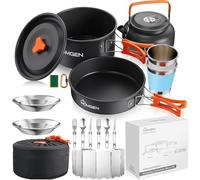 HOMGEN Upgraded Camping Pots and Pans Set for 2-3 People - Camping Cooking Set with 2 Plates and 1 Windshield - Aluminium Camping Cookware Kit - Protable Cooking Mess Kit - Camping Cooking Equipment