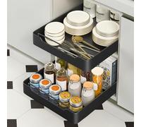 Homgo Telescopic Drawer, Slide Out Cabinet Organizer Kitchen, Pull-Out Drawer Storage Shelves for Kitchen Cabinets, No Drills and Nails, 20cm W x 43cm D x 7cm H (Black)