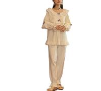 Homgro Women's Cotton Pajama Set 2 Piece Vintage Lounge Set Long Sleeve Top Pants Pjs Lace Frill Victorian Sleepwear, E-style1, L