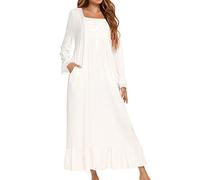 Homgro Women's Long Sleeve Victorian Nightgown Soft Lace Frill Square Neck Buttoned Sleep Dress with Pockets, White, XL
