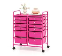 HOMGX 12-Drawer Rolling Storage Cart - Mobile with Lockable Wheels, Metal Shelves & 2 Drawer Sizes, Perfect for School, Office, Beauty Salon & Craft Supplies (Hot Pink)