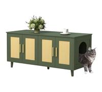 Homhedy Boho Cat Litter Box Enclosure for 2 Cats, Wooden Cat Washroom Furniture with Double Rattan Decorated Doors, Pet House,47.2”L x 19.7”W x 21.7”H, Green