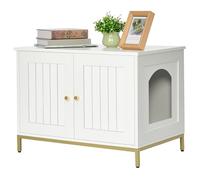 Homhedy Cat Litter Box Enclosure, Cat Washroom Furniture with Metal Frame, Pet House, Fit Most of Litter Box, Modern Style, White and Gold
