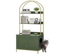 Homhedy Cat Litter Box Enclosure, Litter Box Furniture Hidden with 2-Tier Storage Shelves, Wooden Cat Washroom Furniture with Metal Frame, Modern Style, Green and Gold