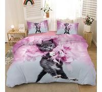 HOMHOMHA Lovely Kitty Duvet Cover Set Double Size for Kids Adults Bedroom,Grey Cat Pink Feather Creative Bedding Duvet Cover Cat Themed Bedspread,Soft Microfiber Bed Set