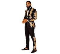 Homhous Men's Suit 2 Pieces Blazer and Pants Black with Gold Applique Fit for Wedding Prom, Gold, XS