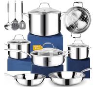 HOMICHEF 14-Piece Nickel Free Stainless Steel Cookware Set Whole-Clad 3-Ply - Mirror Polished Pots And Pans Set - Healthy Cookware Set With Steamer - Non-Toxic Induction Cookware Sets