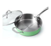 HOMICHEF 24CM Mint Green Nickel Free Stainless Steel Saute Pan Induction Oven Safe - 2.37 L Non Toxic Stainless Steel Deep Fry Pan with Glass Lid