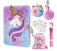 homicozy Secret Diary for Girls, 11 Pcs Unicorn Kids Private Journal with Lock, 160 Pages A5 Private Notebook with Pen,Stickers, Fluffy Purse, Birthday Gifts Stationery for Girls 5 6 7 8 9 Year