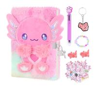 homicozy Secret Diary for Girls with Lock, Axolotl Plush Journal Set with Pen, 20 Stickers, Bracelet, 160 Pages A5 Private Notebook, Birthday Gifts Fluffy Stationery for Girls 5 6 7 8 9 Year