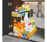homicozy Under Sink Storage Kitchen Organiser, 2 Tier Metal Under Sink Cabinet Organiser, Height Adjustable Shelf Kitchen Storage, Pull Out Undersink Rack for Bathroom Cupboard Kitchen (Black)