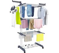 HOMIDEC Clothes Airer Tower with Wheels, Space-Saving Tower Clothes Airer, 6 Folding Wings and 2 Rotating Side Wings, Stainless Steel Standing Dryer, Laundry Tower for Indoor and Outdoor Use, Grey, L