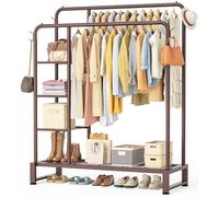 HOMIDEC Clothes Rail,Double Rail Clothes Rack with 4 Storage Shelves,Heavy Duty Metal Clothing Rail Supports to 80kg,Multifunctional Clothes Storage for Bedroom,Office,Shop(Brown).