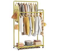 HOMIDEC Clothes Rail,Metal Clothes Rack with Hooks, Double Rads Heavy Duty Clothing Rail for Bedroom,Portable Clothing Rack Clothes Storage Shelf,Hold up to 80 kg,Gold