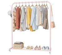 HOMIDEC Clothes Rail, Portable Clothes Rack with Hook and Metal Storage Shelf, Heavy Duty Clothes Rail on Wheels, Clothes Rails for Bedroom, Hanging Rails for Clothes, Holds up to 40 kg, Pink