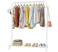 HOMIDEC Clothes Rail, Portable Clothes Rack with Hook and Metal Storage Shelf, Heavy Duty Clothes Rail on Wheels, Clothes Rails for Bedroom, Hanging Rails for Clothes, Holds up to 40 kg, White