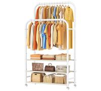 HOMIDEC Double-Rod Clothes Rail, Heavy-Duty Clothing Rail with 3-Tier Dust-proof Fabric Non-Woven Shelves, Metal Garment Rack with Wheels for Bedroom, Holds up to 80 kg, White