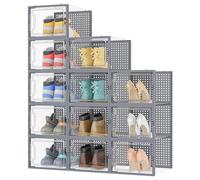 HOMIDEC Shoe Storage Box,12 pcs Stackable Shoe Boxes Clear Plastic Shoe Organizer Shoe Containers with Lids for Women/Men,Fit UK 12,Grey