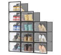 HOMIDEC Shoe Storage Box,12 pcs Stackable Shoe Boxes Clear Plastic Shoe Organizer Shoe Containers with Lids for Women/Men,Fit UK 12,Black