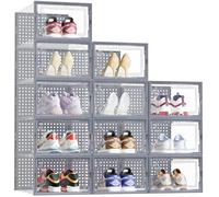 HOMIDEC Shoe Storage Box,12 pcs Stackable Shoe Boxes Clear Plastic Shoe Organizer Shoe Containers with Lids for Women/Men,Fit up to UK 9.5,GREY