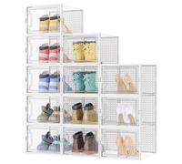 HOMIDEC Shoe Storage Box,12 pcs Stackable Shoe Boxes Clear Plastic Shoe Organizer Shoe Containers with Lids for Women/Men,Fit UK 12,White